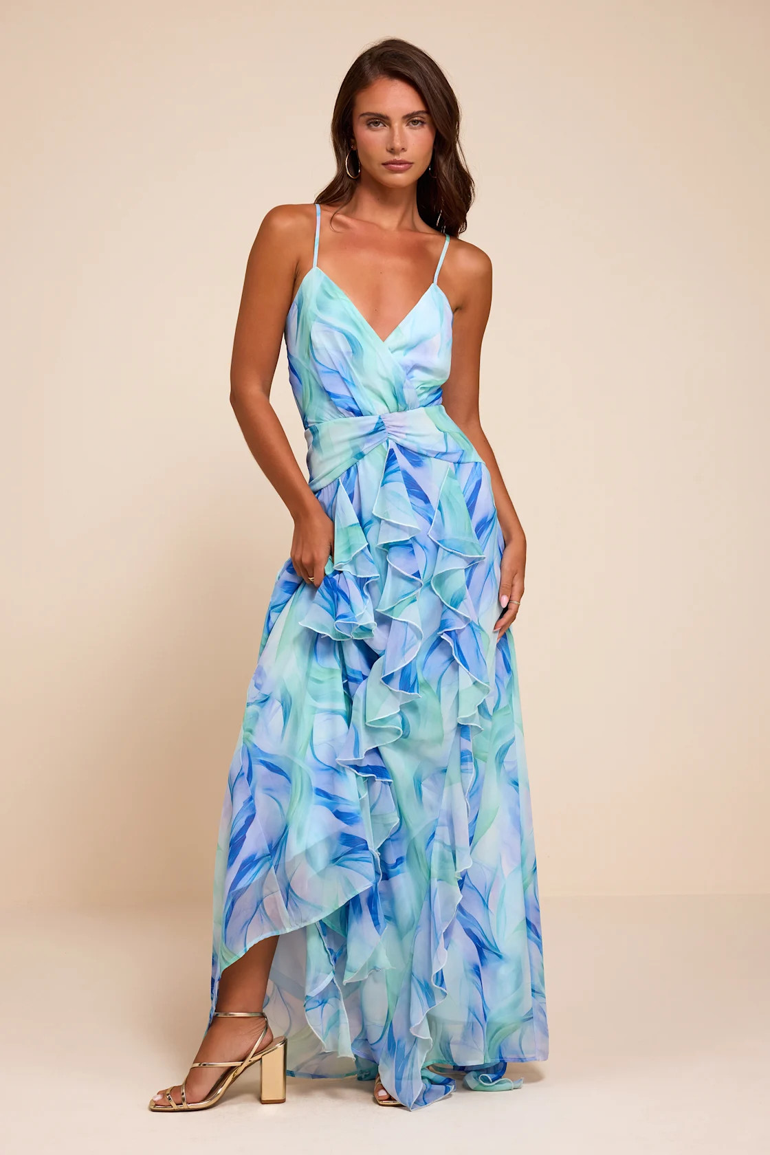 Astraea Light Blue Abstract Surplice Ruffled Maxi Dress | Lulus