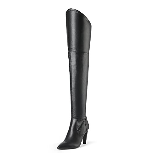 DREAM PAIRS Women's Dob214 Black Thigh High Boots Over The Knee Heels Long Sexy Pointed Toe Boots, Black Pu, Size 5.5 | Amazon (US)