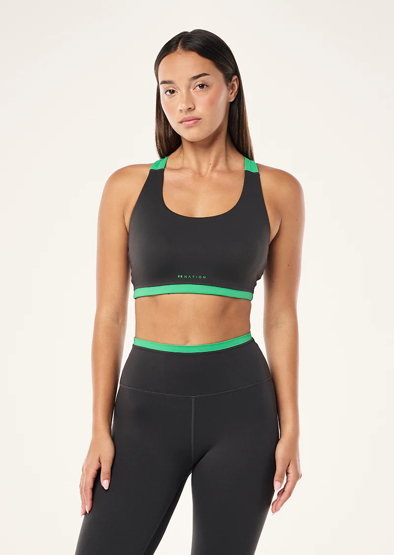 HIGHGATE SPORTS BRA IN CAVIAR & KELLY GREEN, M | P.E Nation US