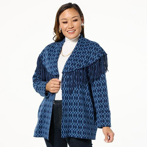 GREY by Jhoan Sebastian Grey Fringed Jacquard Sweater Topper - Blue - Size XX-Small | HSN