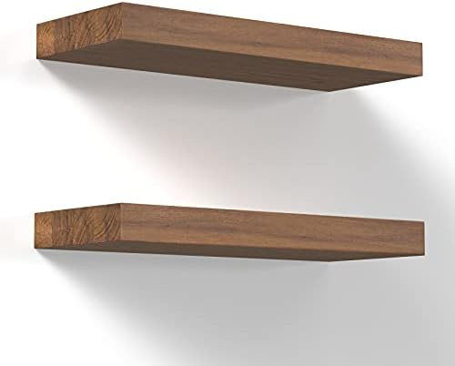 Floating Shelves Wall Mounted 17-Inch - Thick Handmade Set of Dark Brown Wooden Shelf, Natural Ru... | Amazon (US)