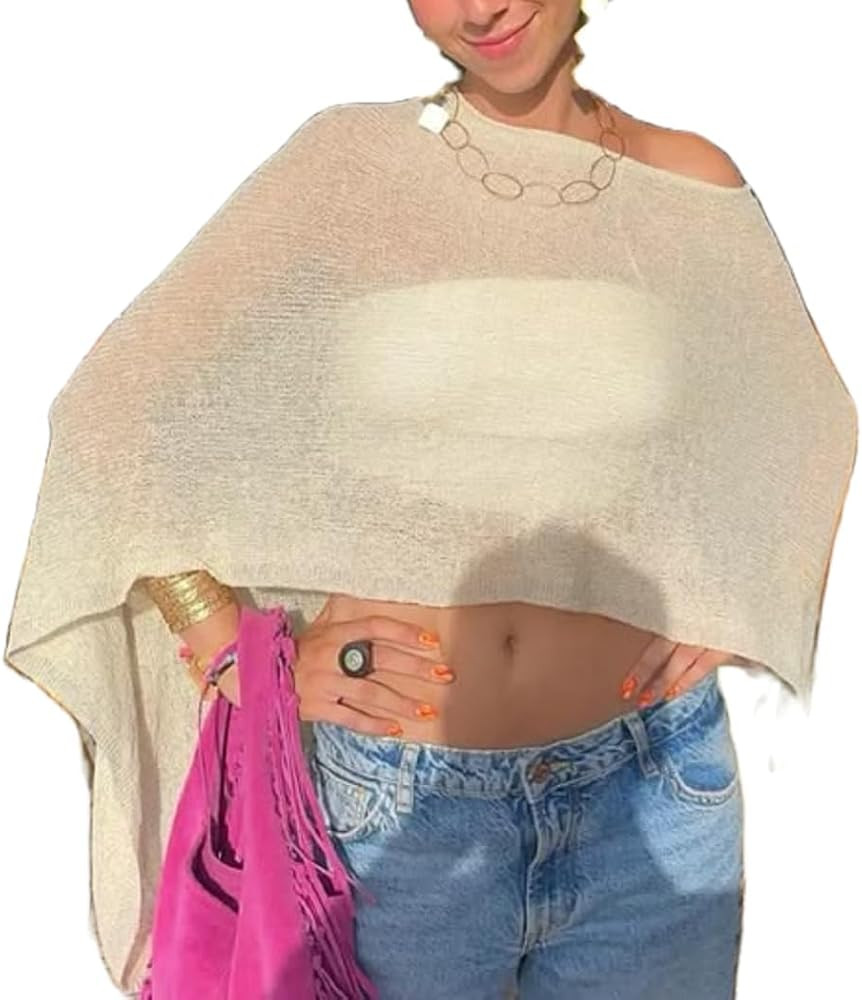 HengShunRui Women Sheer Poncho Top Knit Crochet Shawl Mesh Beach Cover Up Tops | Amazon (US)