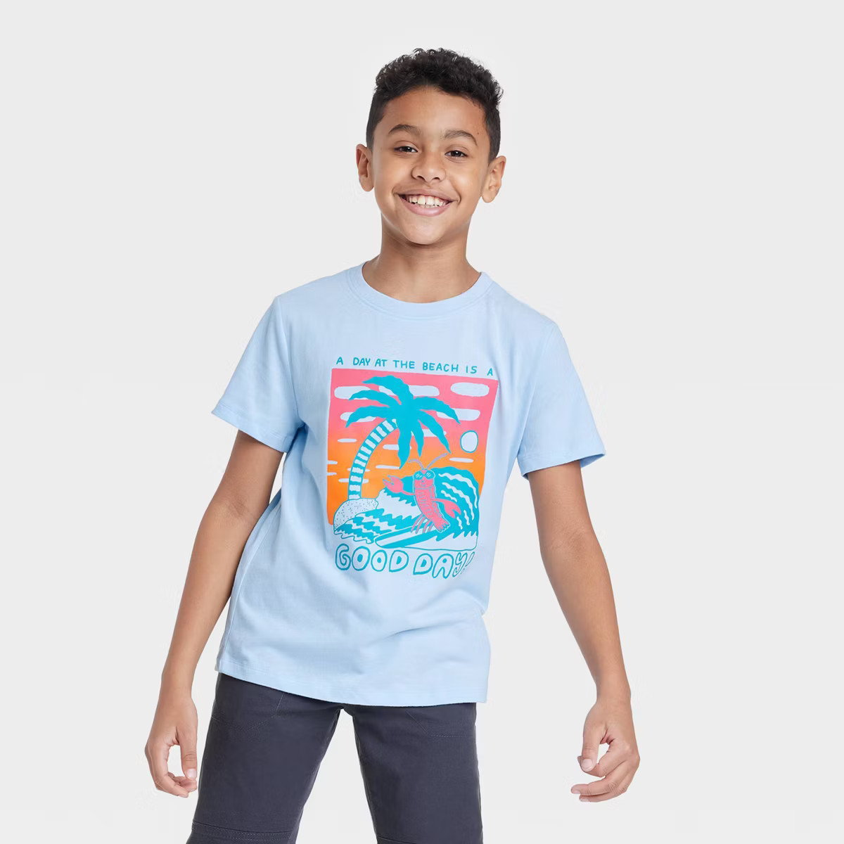 Boys' Short Sleeve 'Lobster on the Beach' Graphic T-Shirt - Cat & Jack™ Light Blue | Target