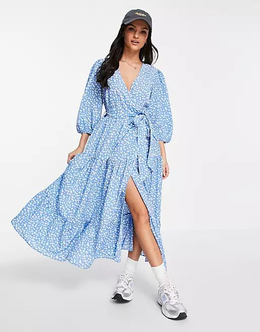 Glamorous maxi wrap dress with balloon sleeves in blue ditsy | ASOS (Global)
