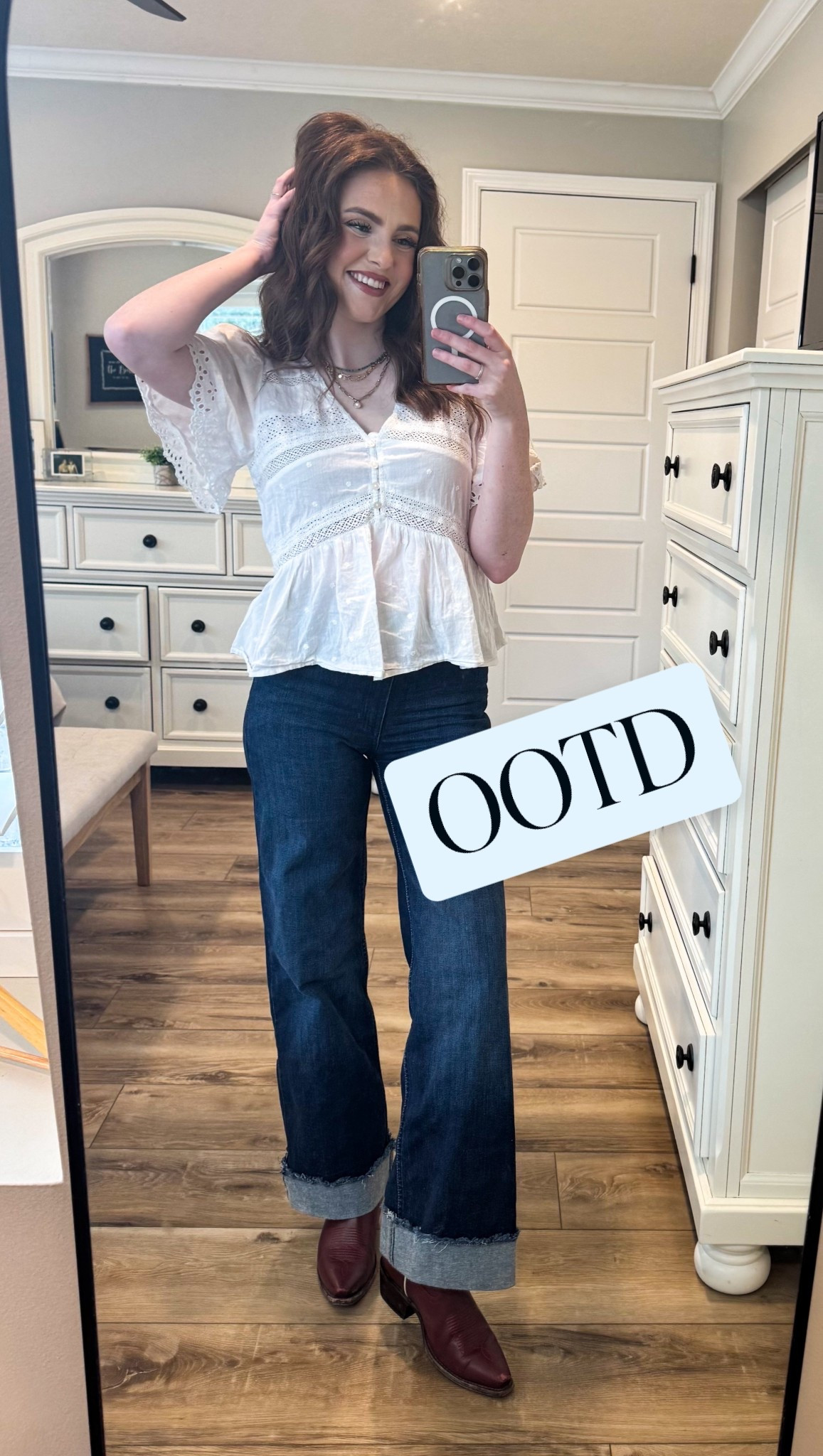 Your spring OOTD has entered the chat 🤍 Wide leg dark wash jeans + a white eyelet babydoll top + cowboy boots = the easiest outfit formula you’ll wear on repeat this season. Layered gold necklaces tie the whole look together without overthinking it. Linking everything on LTK so you can shop the full look! 🔗
#LTKstyle #LTKfindsunder100 #LTKshoecrush #LTKspring #widelegjeans #cowboyboots #eyeletblouse #springOOTD #casualspringoutfit #westernstyle #bohooutfit #mirrorselfie #springfashion2026 #darwashwidelegjeans #babydolltop

#LTKgrwm #LTKSeasonal #LTKootd
