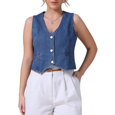 INSPIRE CHIC Women's Sleeveless V Neck Button Down Jean Crop Denim Tank Tops Blue XX-Large | Target