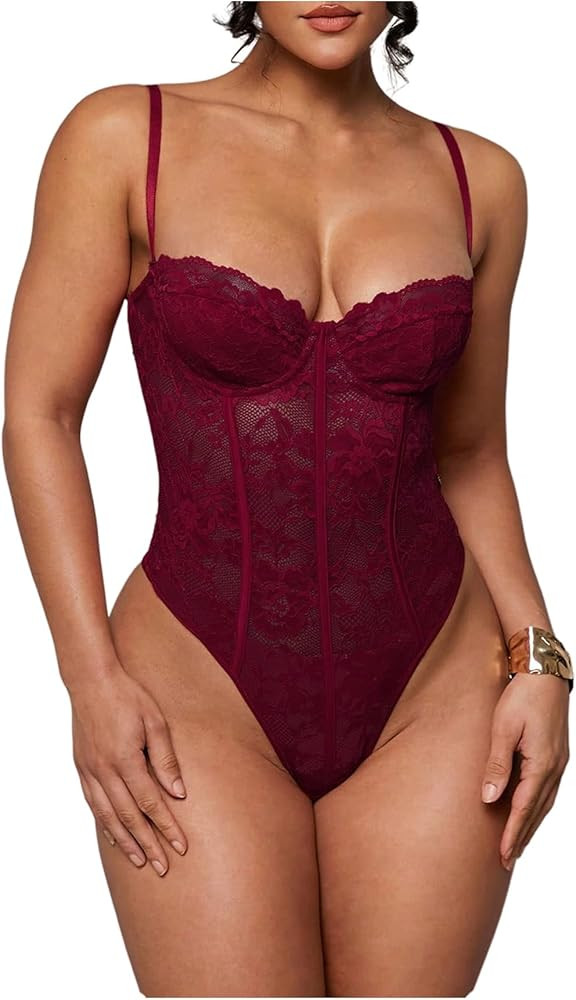 SweatyRocks Women's Sheer Lace Spaghetti Strap Underwire Bodysuit Corset Tops Sexy Skinny Leotard | Amazon (US)