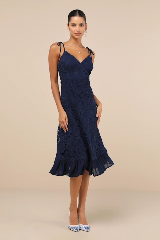 Compelling Sweetness Navy Blue Lace Tie-Strap Midi Dress | Lulus