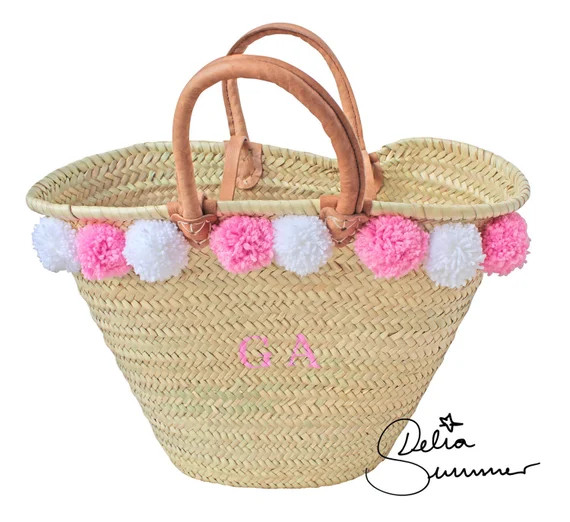 Pom Pom Basket *** custom made initials *** monogram straw bag, personalized tote | Etsy (US)