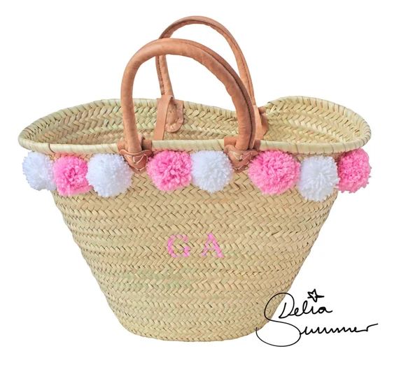 Pom Pom Basket *** custom made initials *** monogram straw bag, personalized tote | Etsy (US)