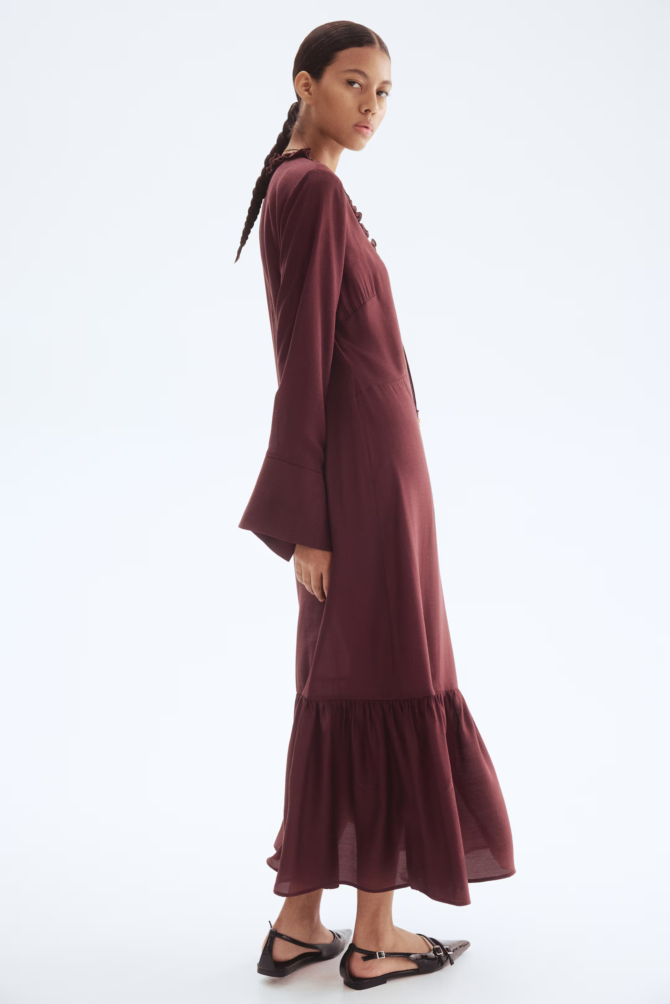 Ruffle-trim maxi dress - Burgundy - Ladies | H&M GB | H&M (UK, MY, IN, SG, PH, TW, HK)