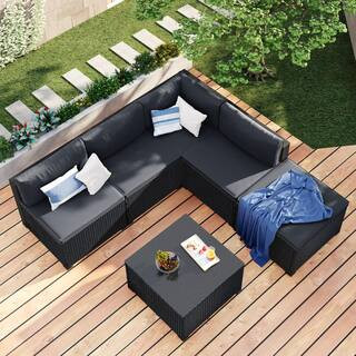 Nestfair Soria 6-Piece Wicker Outdoor Sectional Sofa with Grey Cushions LFG201204E | The Home Depot