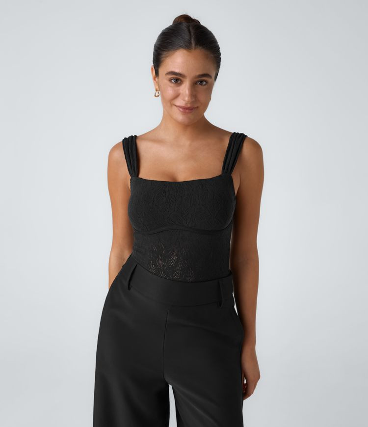 Women’s Square Neck Sleeveless Backless Skinny Lace Casual Bodysuit - Halara | HALARA