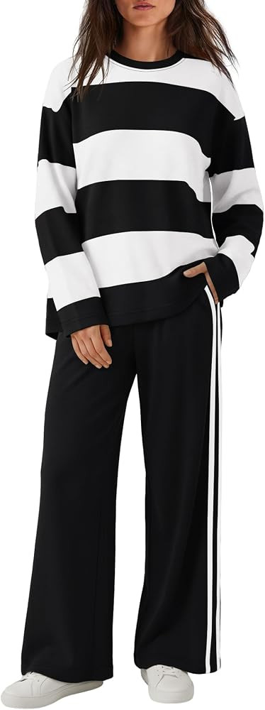 ReachMe Womens Striped Lounge Set Long Sleeve Shirts and Wide Leg Pants | Amazon (US)