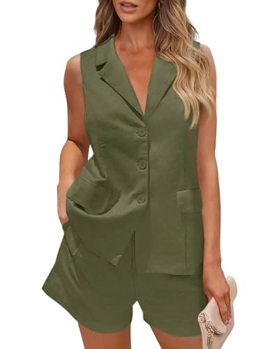 PRETTYGARDEN Women Summer 2 Piece Outfits 2025 Casual Lapel V Neck Button Down Vest Shorts Set Business Work Blazer Sets(Army Green,Small) | Amazon (US)