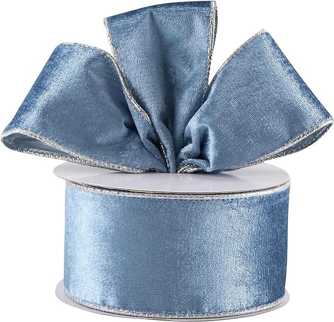 DINDOSAL Dusty Blue Velvet Ribbon Wired 2.5" x 10 Yards Blue Christmas Wired Ribbon with Silver M... | Amazon (US)