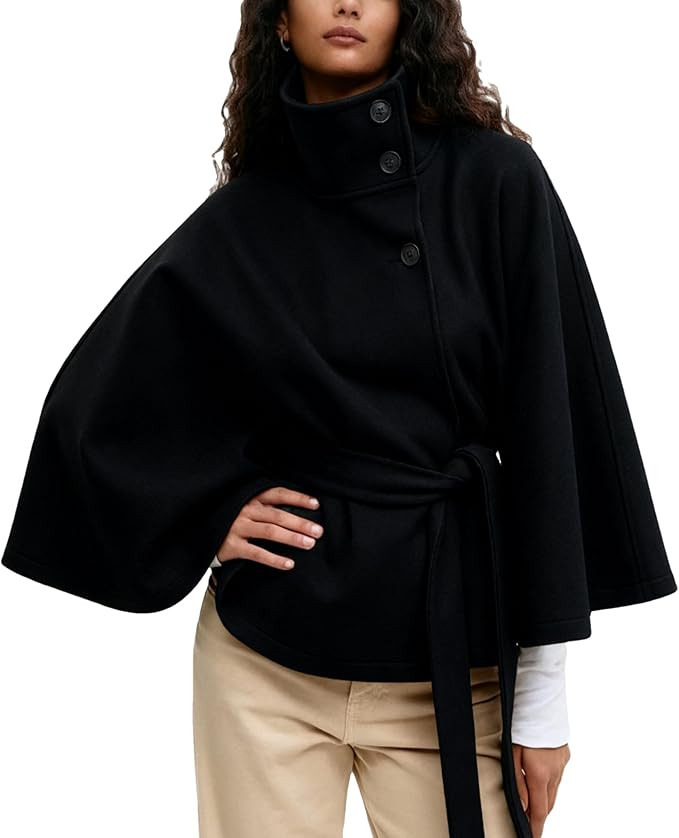 OPCAKM Women's Batwing Sleeve Poncho Coat Oversized Winter Pea Coat Stand Collar Cropped Cape Jac... | Amazon (US)