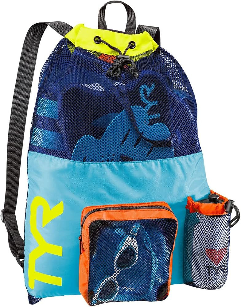 TYR Big Mesh Mummy Backpack for Wet Swimming, Gym, and Workout Gear, Blue/Yellow | Amazon (US)