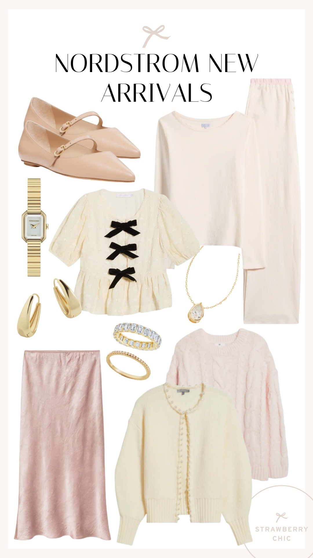 Nordstrom new arrivals I’m loving! Standout pieces to me are the silk light pink midi skirt, the white short sleeve top with black bows, and the matching lounging set! I especially love the gold jewelry finds which are perfect for stocking stuffers this holiday season. 

#LTKSeasonal #LTKGiftGuide #LTKHoliday