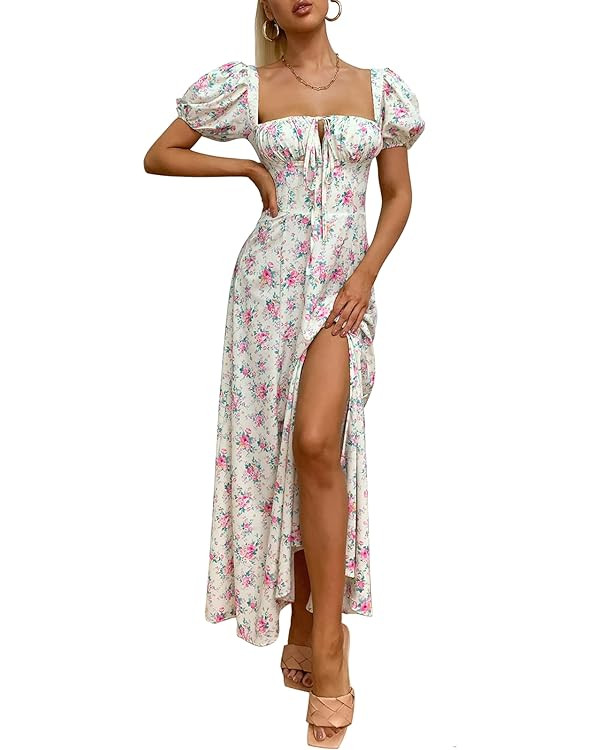 Women's Summer Puff Sleeve Floral Split Maxi Dress Flowy A Line Casual Beach Long Dresses | Amazon (US)