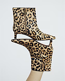 Brown leopard leather kitten heeled boots | River Island UK & IE