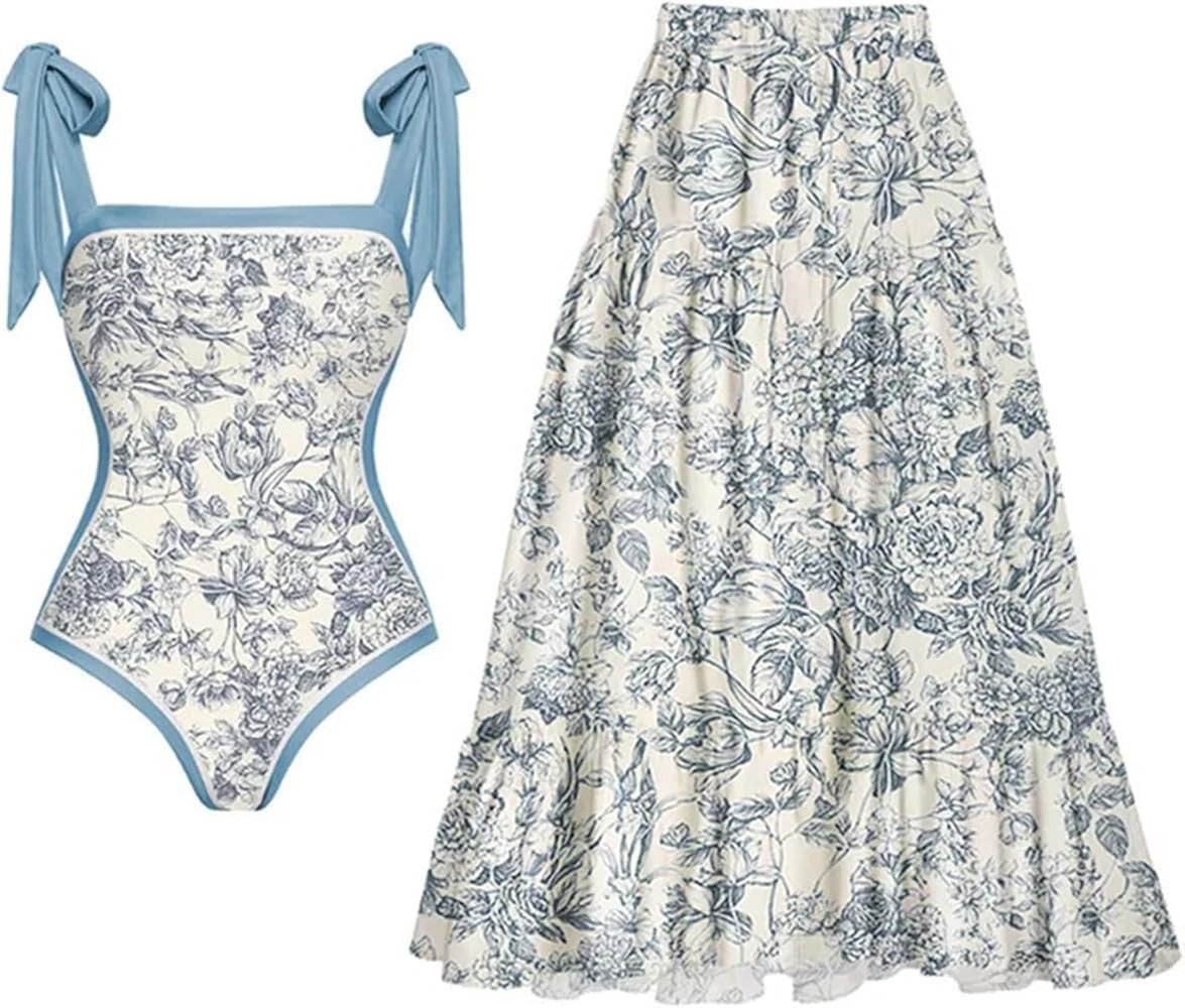 One Piece Swimsuit Women with Matching Wrap Skirt 2 Piece Vintage Floral Bathing Suits Tummy Cont... | Amazon (US)