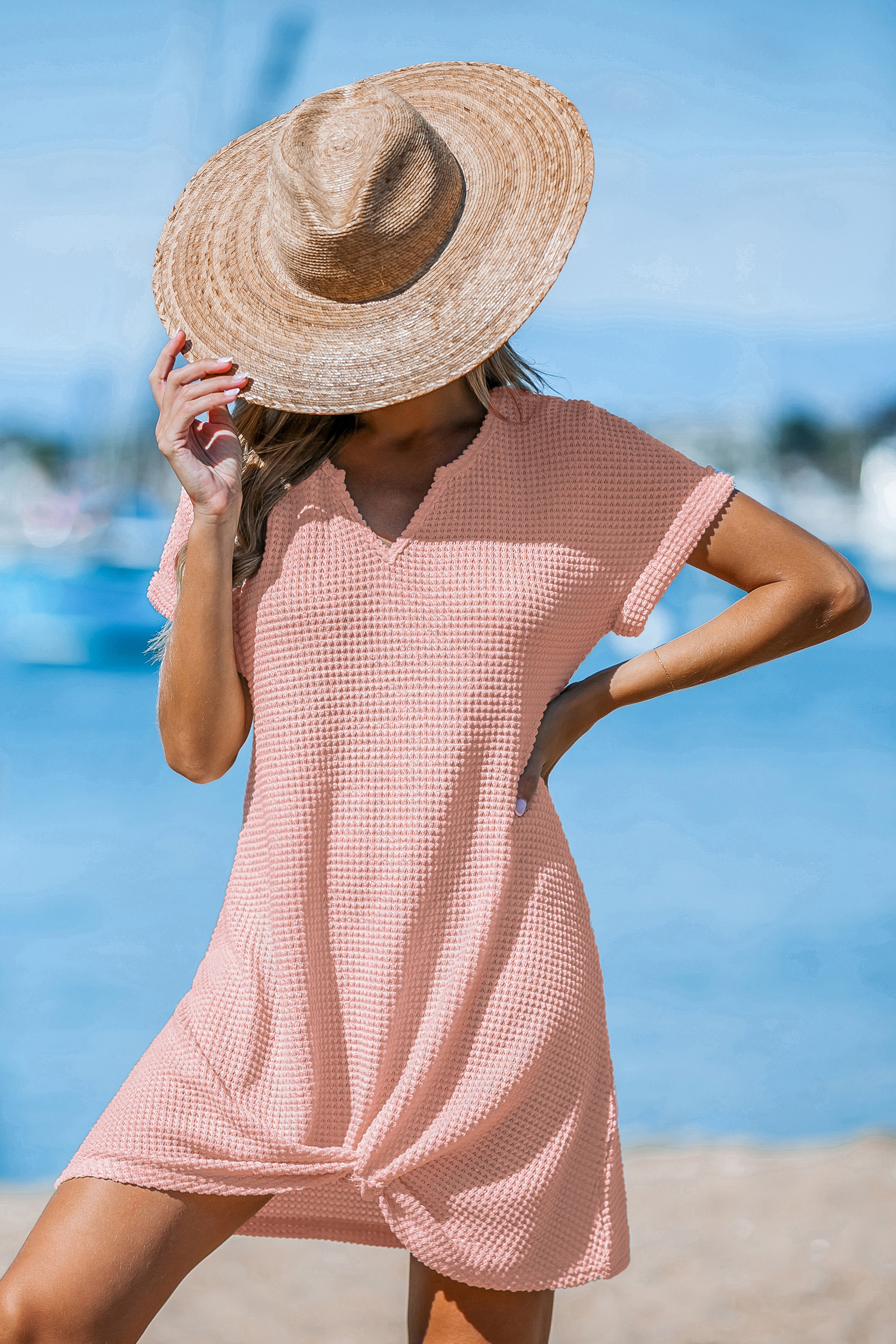 Pink Notched Neck Short Sleeve Mini Cover-Up | Cupshe US