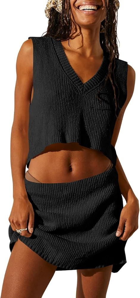 Tankaneo Women 2 Piece Outfits Sexy Sleeveless Crop Tank Tops and Low Waist Mini Skirt Sets Y2K S... | Amazon (US)