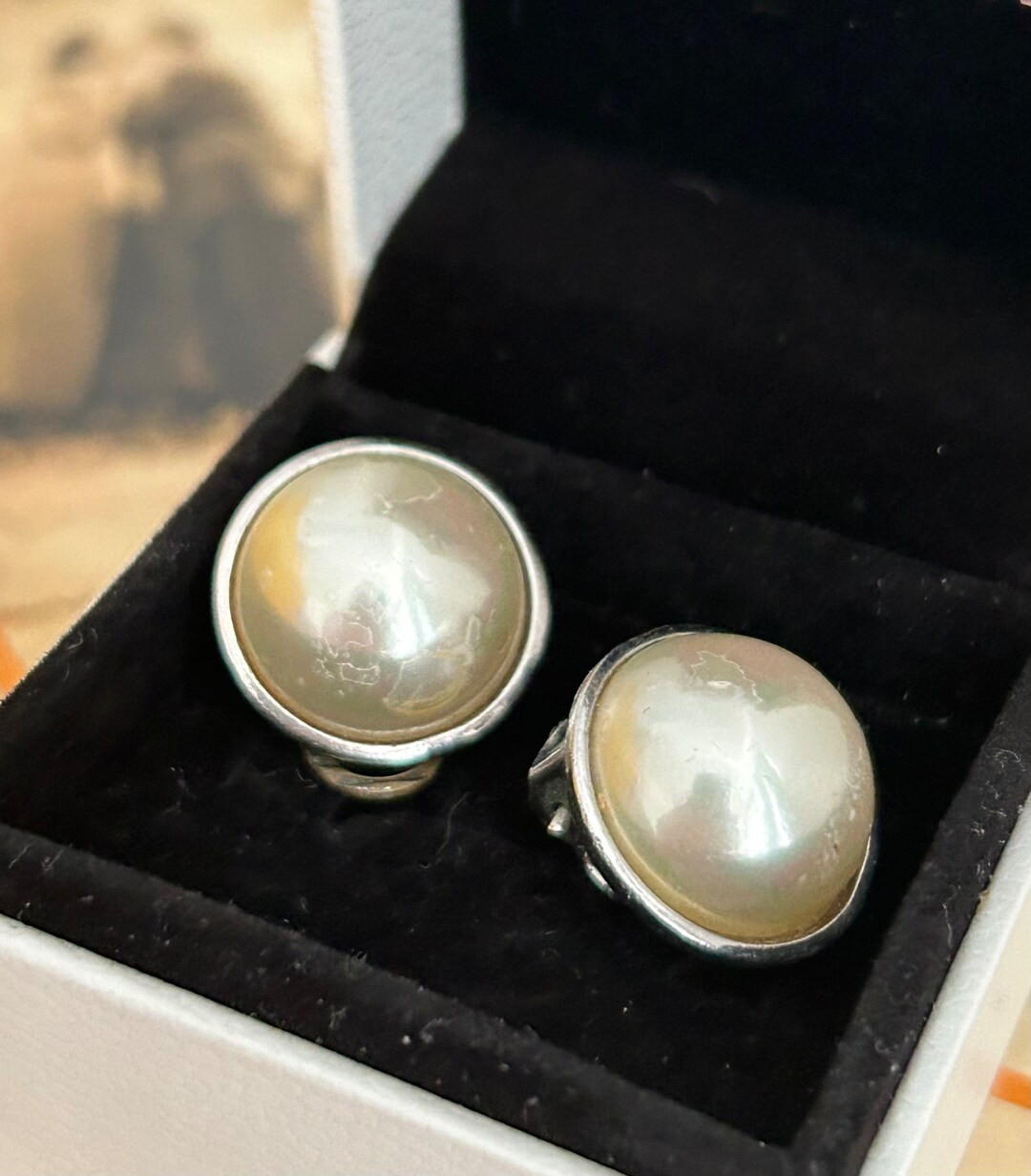 Faux pearl earrings, clip on style, Cabochon shape | Etsy (US)