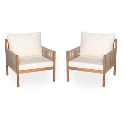 Dereham Fielder Patio Acacia Wood Rope-Woven Club Chair With Cushions | Wayfair North America