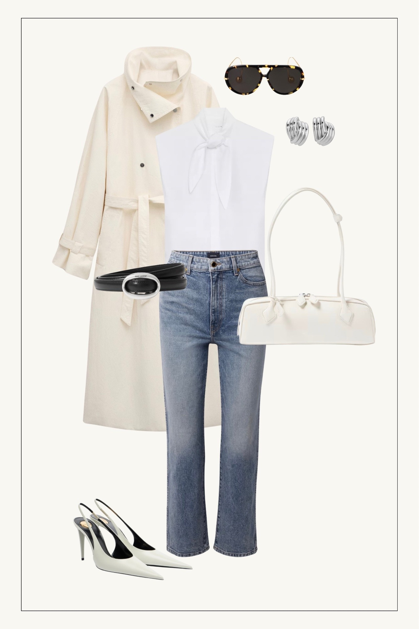 Spring transitional outfit, spring outfit, spring ootd, white trench coat, funnel neck trench coat, Saint Laurent belt, Alaia le Teckel bag, heaven mayhem earrings, Saint Laurent slingbacks, Bottega Veneta sunglasses 

#LTKSaleAlert #LTKootd #LTKgrwm