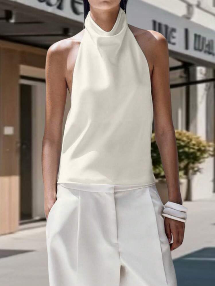 Womens Y2k Satin Backless Halter Tops Solid Color Silk Mock Neck Open Back Sleeveless Crop Tank Top Dressy Casual Summer Slim Fit Vest Shirts Going Out Tops Party Clubwear Streetwear Aesthetic Clothes | SHEIN