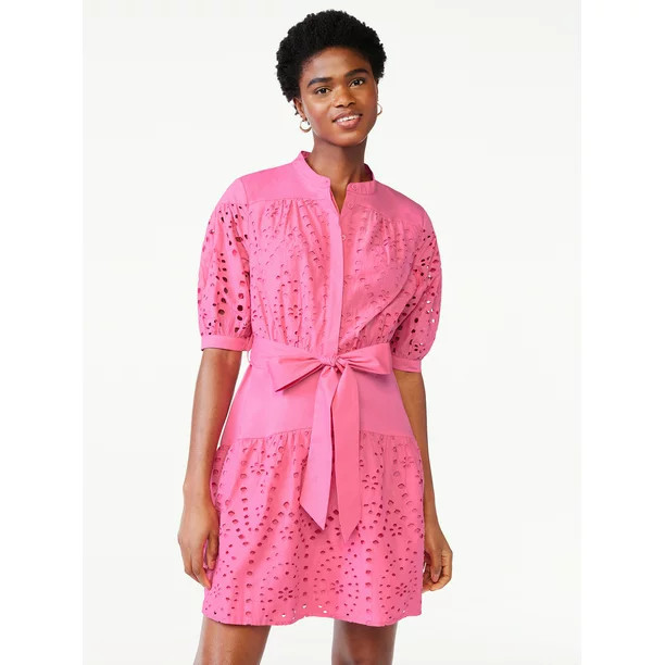 Scoop Women's Eyelet Short Shirt Dress with Volume Sleeves - Walmart.com | Walmart (US)