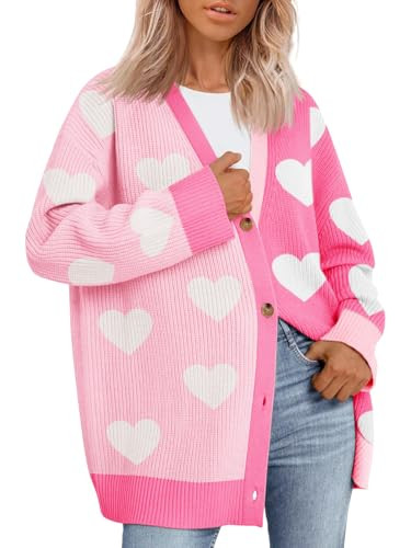 Saodimallsu Womens Heart Cardigan Sweaters Valentines Oversized Winter Color Block Button Up Cute Ribbed Sweater Coats Pink | Amazon (US)