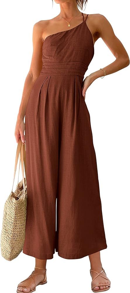 Caracilia Women's Summer Wide Leg Dressy One Shoulder Straps Pleated High Waist Jumpsuit Romper with | Amazon (US)