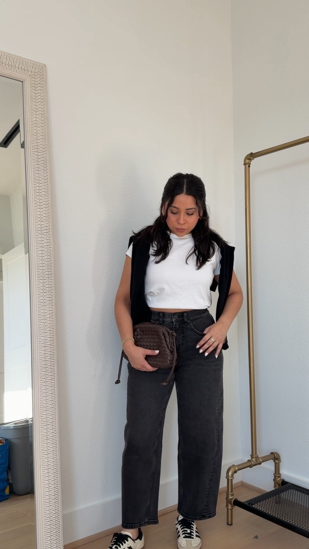 Black barrel jeans: small short 
White tee: xs 
Black cardigan: xs 
Sneakers: 6 women 
Brown woven bag
Gold jewelry 

#LTKootd #LTKPetite #LTKgrwm