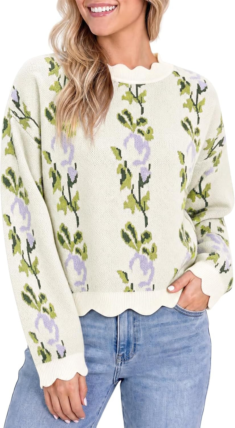 Saodimallsu Womens Floral Sweater Tops Cute Scalloped Casual Knit Pullovers | Amazon (US)