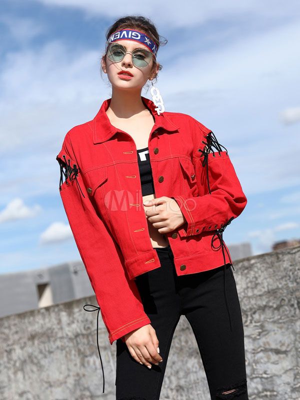 Red Denim Jacket Long Sleeve Turndown Collar Cut Out Lace Up Short Jackets For Women | Milanoo