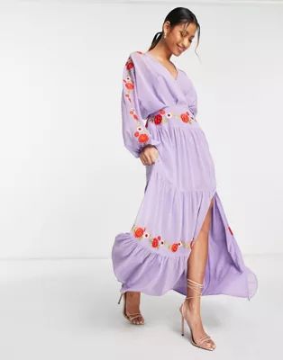 ASOS DESIGN v neck batwing chiffon maxi dress with embroidery detail in lilac | ASOS (Global)
