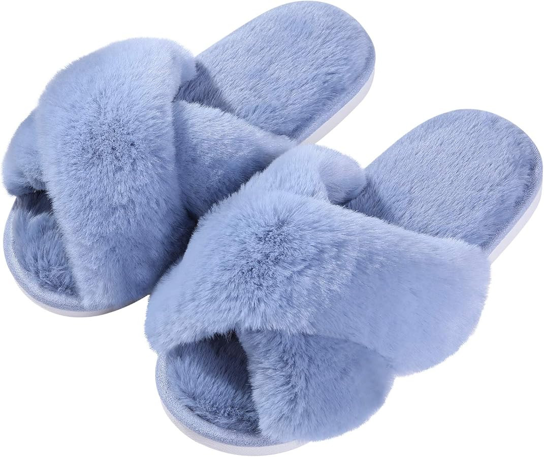 Evshine Women's Fuzzy Slippers Cross Band Memory Foam House Slippers Open Toe | Amazon (US)
