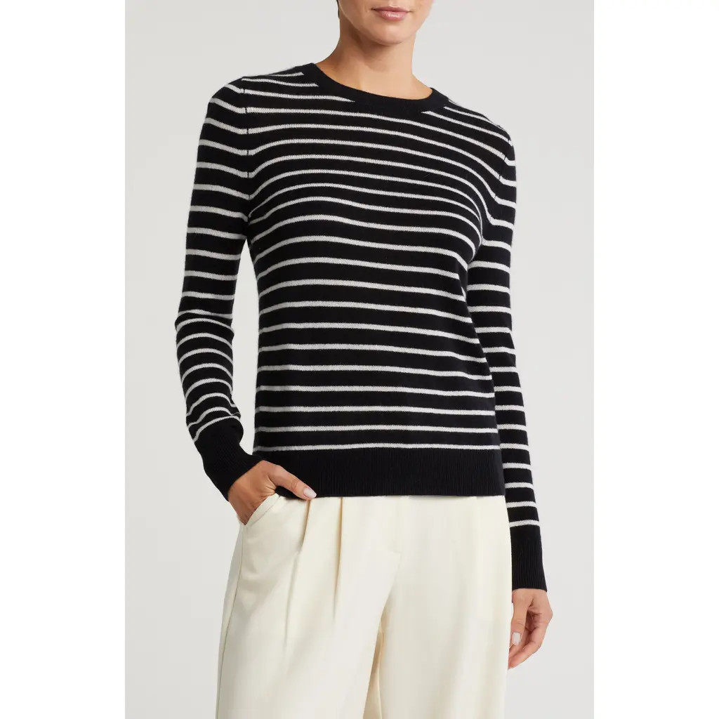 Nordstrom Crewneck Cashmere Sweater in Black- Ivory Josephine Stripe at Nordstrom Rack, Size Medium | Nordstrom Rack