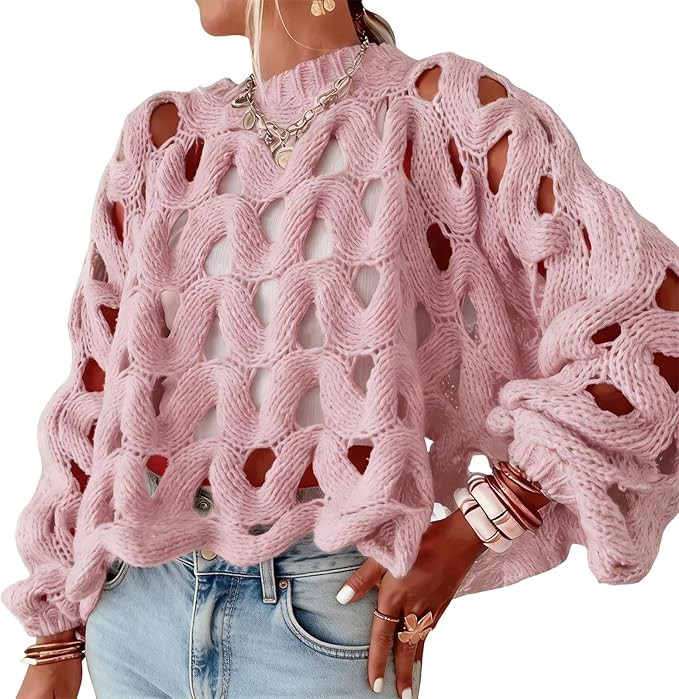 Yimoon Women's Crochet Sweater Hollow Out Sweaters Oversized Pullover Long Sleeve Crew Neck Croch... | Amazon (US)