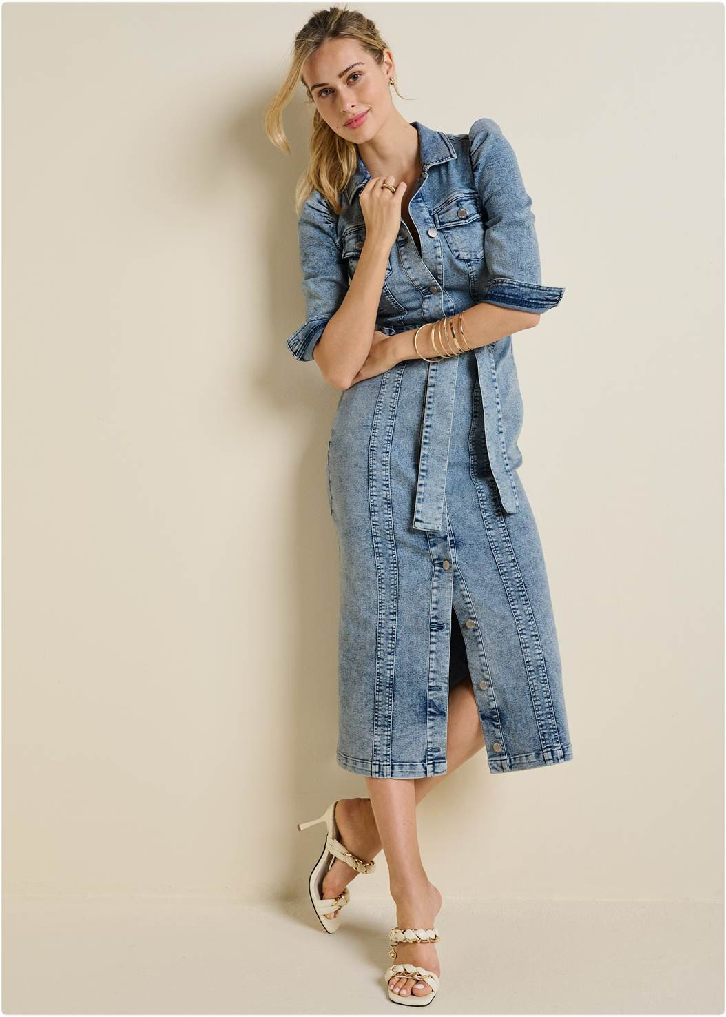 Tie-Waist Denim Midi Dress | VENUS