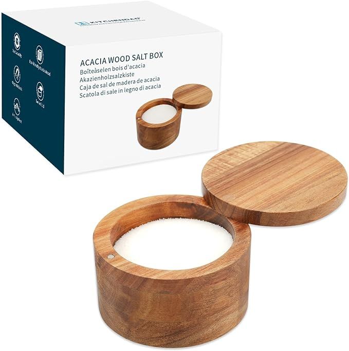 KITCHENDAO Acacia Wood Salt Cellar Bowl Box, Elegant Kitchen Salt Container Holder with Swivel Ma... | Amazon (US)