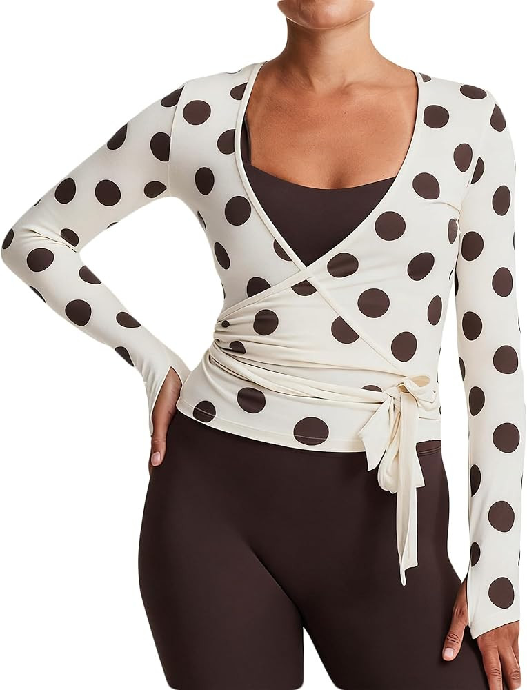 Polka Dot Wrap Top for Women Workout Ballet Self Tie Long Sleeve Wrap Shirt Deep V Neck Pilates Y... | Amazon (US)