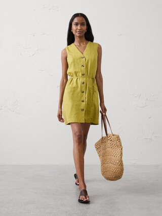 Linen-Blend Button-Front Above-Knee Dress | Banana Republic Factory