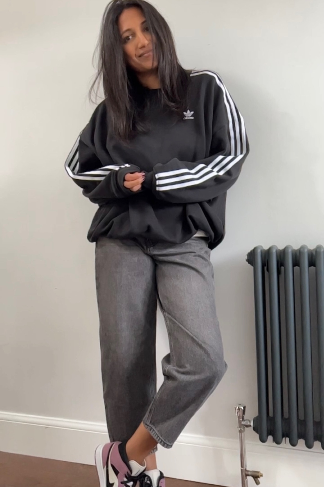 Casual outfit, weekend outfit, oversized sweater, black jumper, taper jeans, grey jeans, high top trainers, pink trainers, monochrome outfit, Adidas, Nike, Boden, Adanola, ASOS, Hush

#LTKeurope #LTKSeasonal #LTKstyletip
