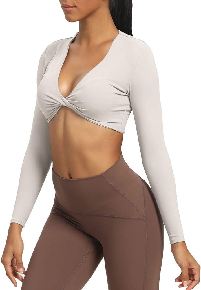 Aoxjox Long Sleeve Crop Tops for Women Sienna Twist Deep V Workout Crop T Shirt Top | Amazon (US)