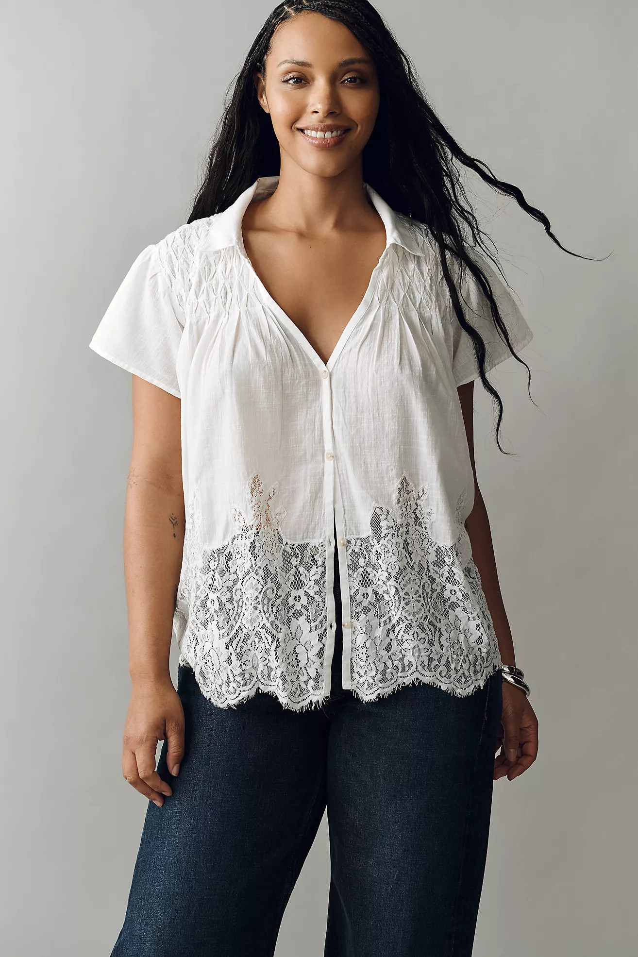 By Anthropologie 100% Cotton Lace Detail Shirt | Anthropologie (US)
