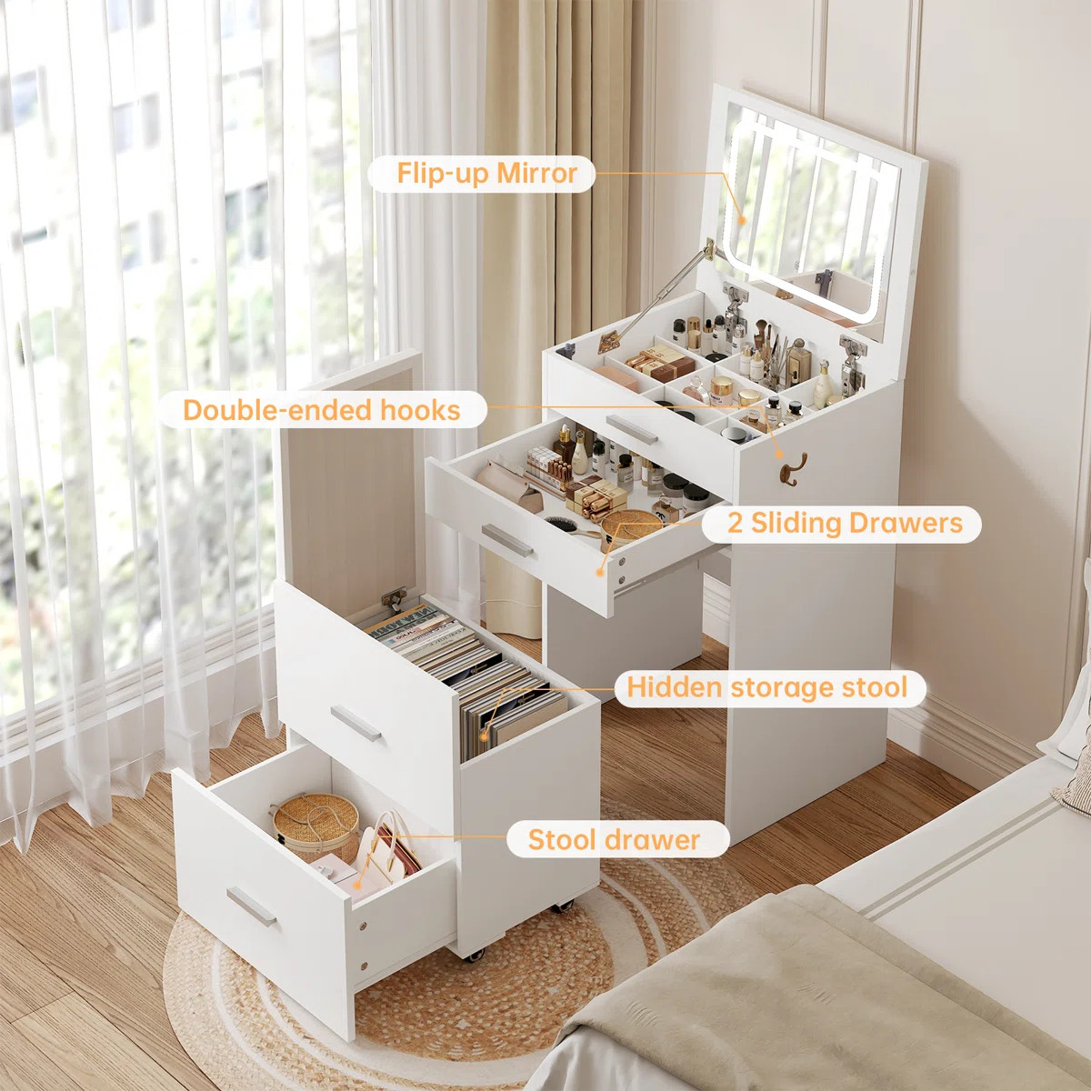 3 In 1 Vanity Desk With Flip Top Mirror And Lights | Wayfair North America